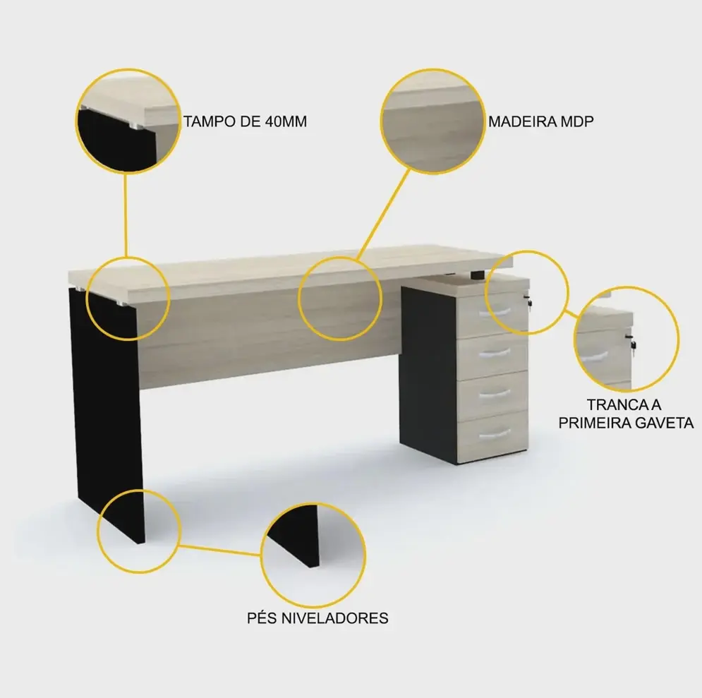 Mesa de escritório Nogueira com gaveteiro e pés pretos