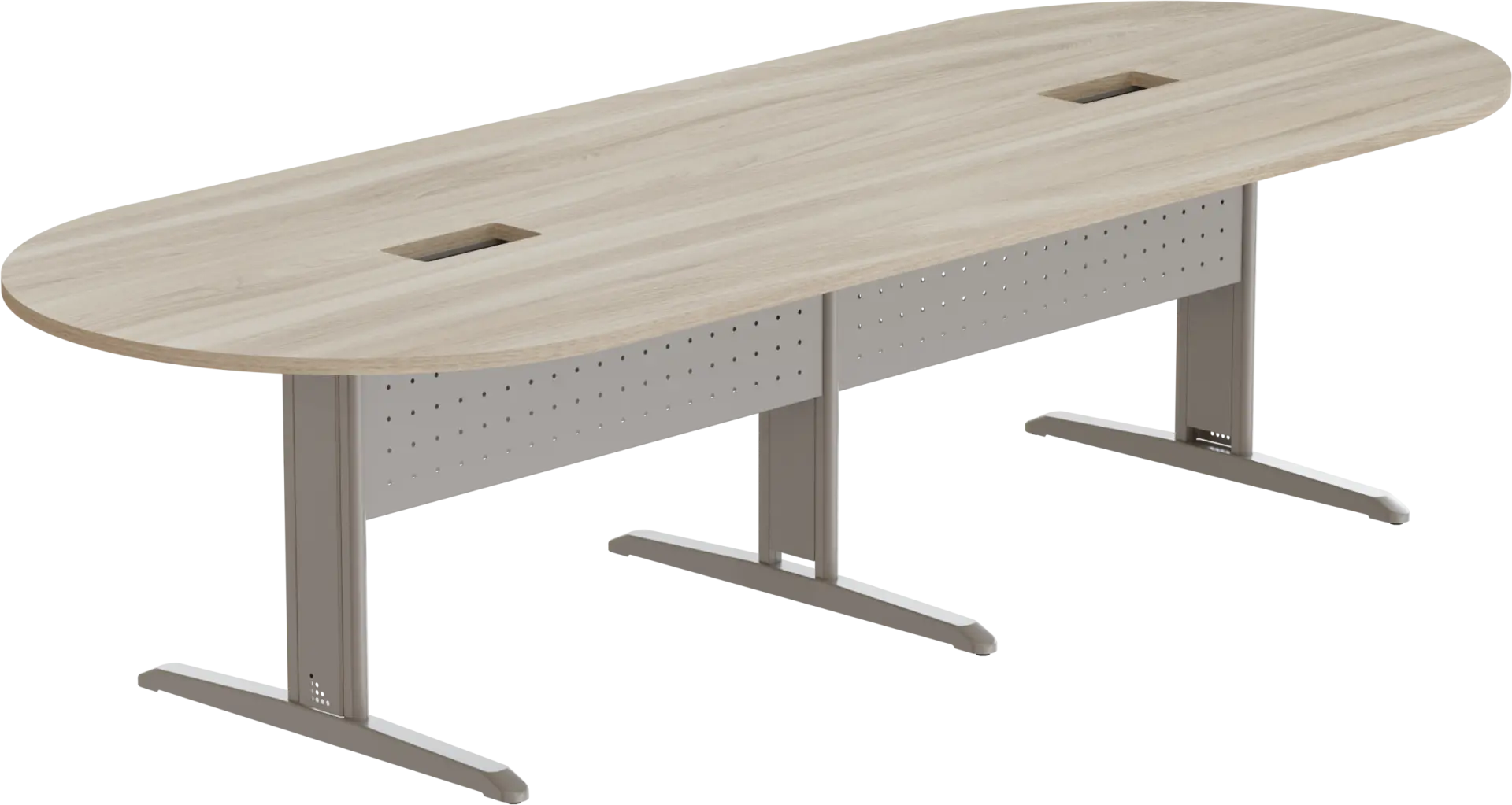 Mesa Reunião Oval Bipartida Com Rasgo Para 2 Caixa De Tomada - Frontal de Aço 300 x 110 cm - Romanzza Plus Marzo Vitorino