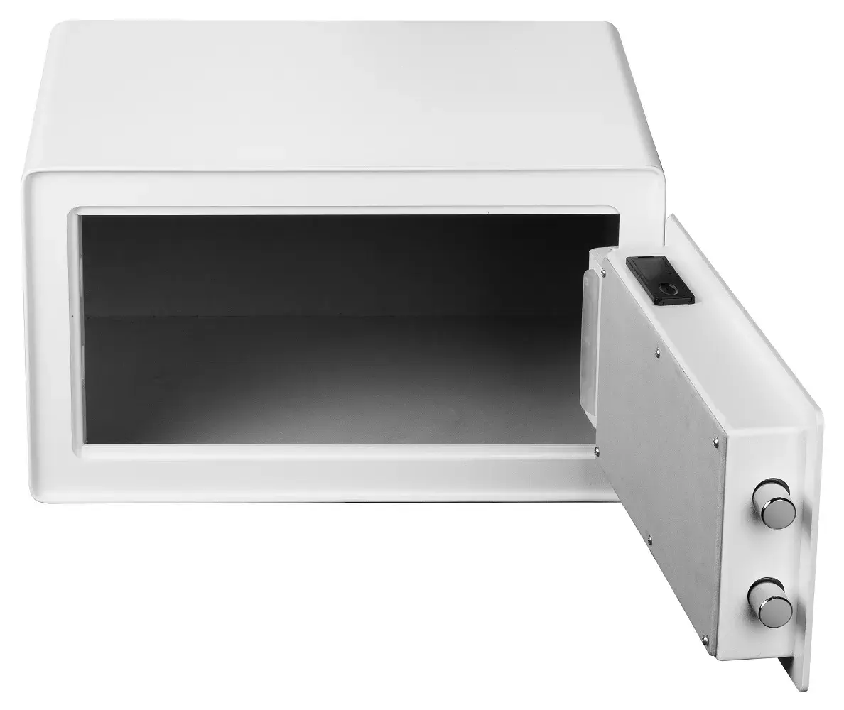 Cofre biométrico branco Safewell E9008E aberto, mostrando o interior e a porta