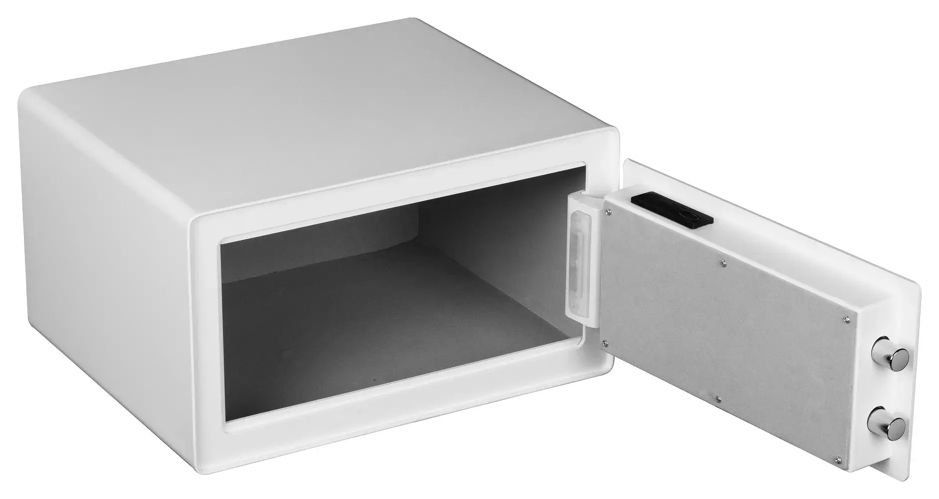 Cofre biométrico branco Safewell E9008E aberto, com vista lateral do interior e da porta