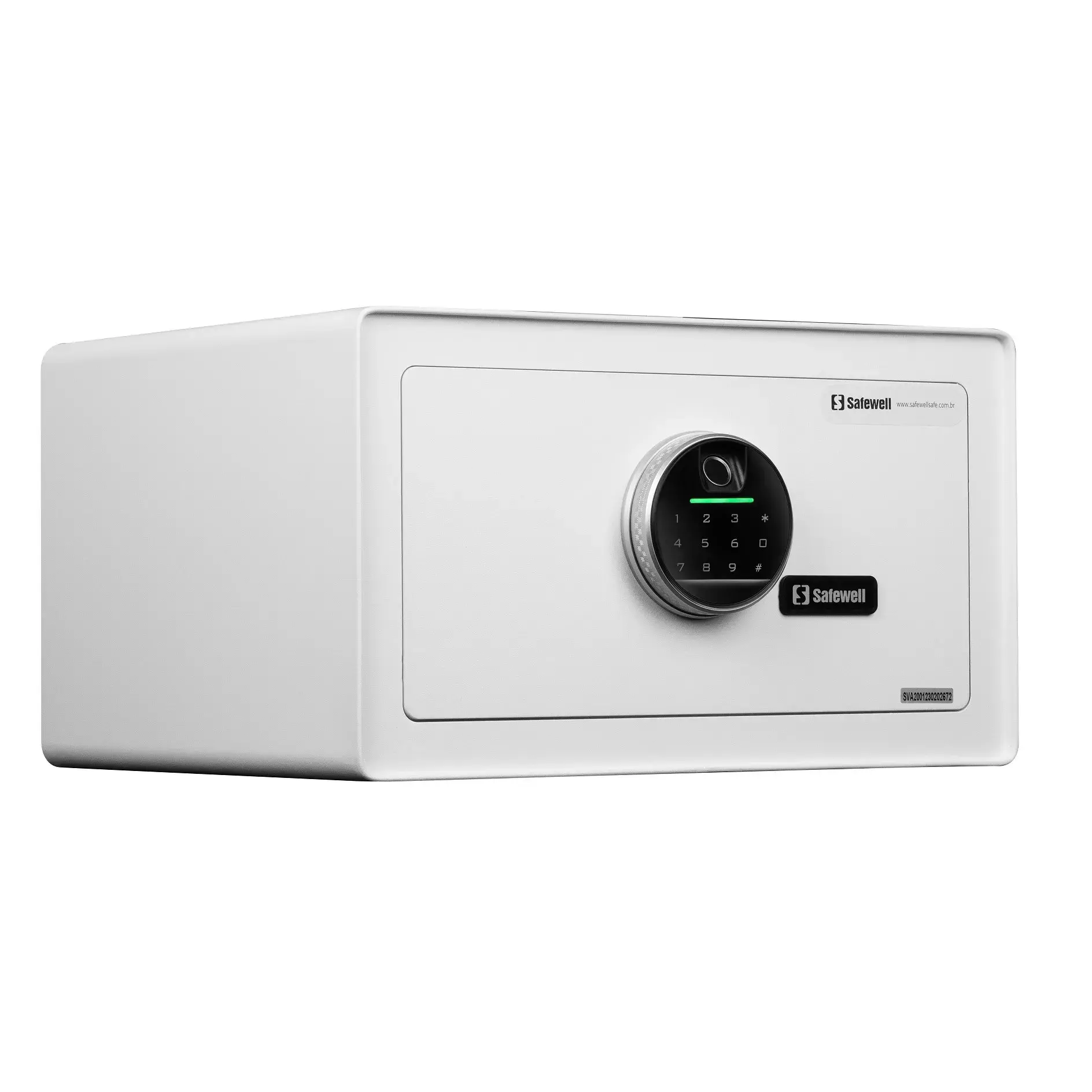 Cofre biométrico branco Safewell E9008E fechado, com teclado digital e leitor biométrico