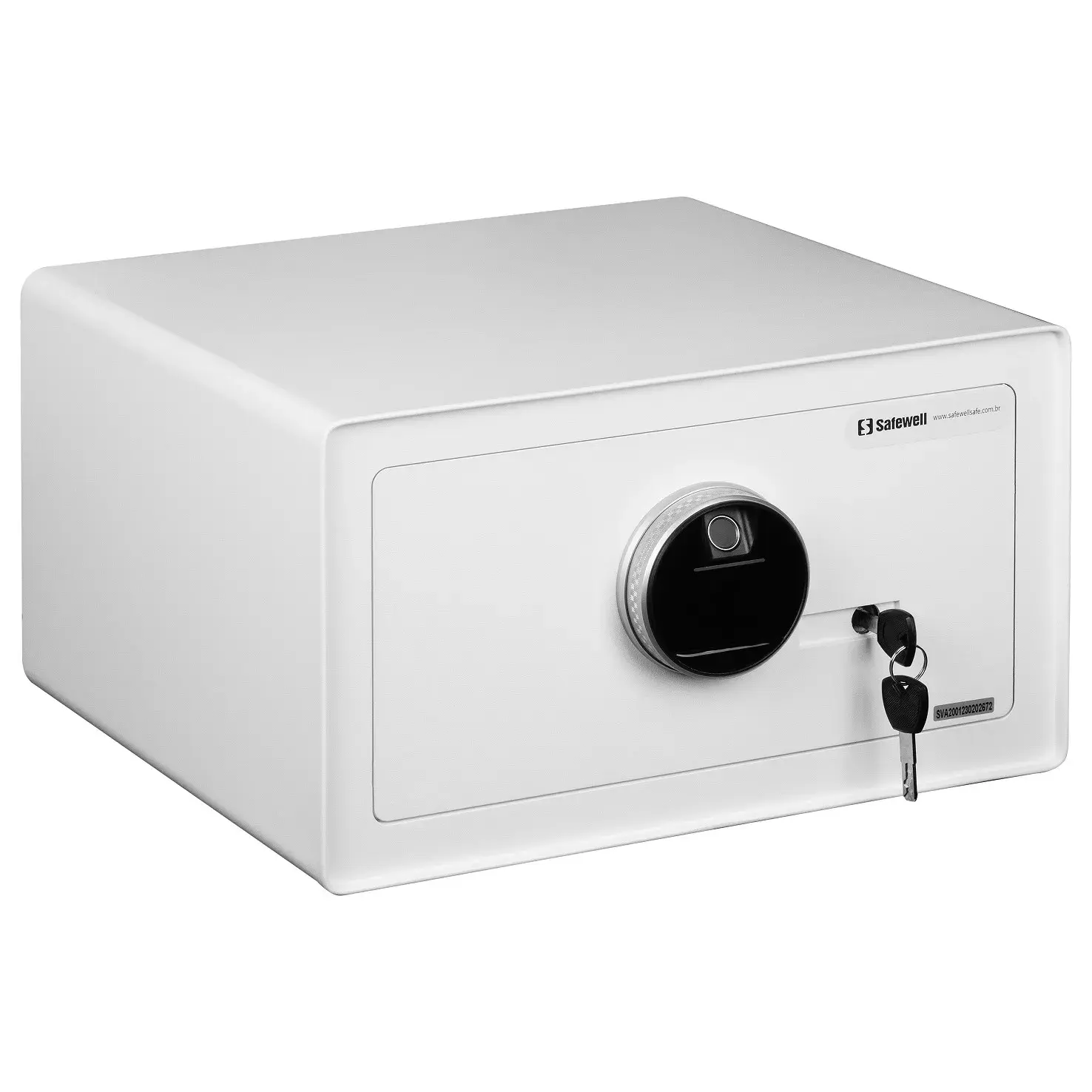 Cofre biométrico branco Safewell E9008E fechado, visto pela lateral com chave na porta