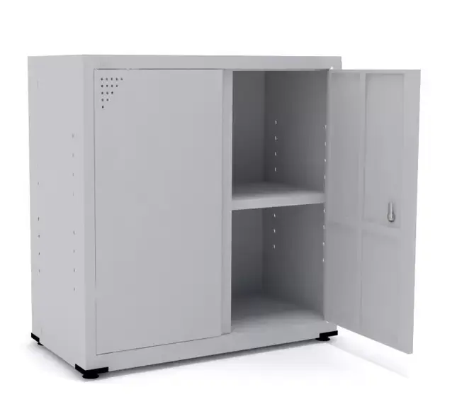 Armário de aço baixo P 406 com 2 portas fechadas e fechadura com chave