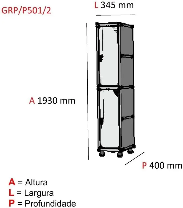 Detalhe das portas do roupeiro de aço 2 portas com estampos de ventilação e pitão para cadeado