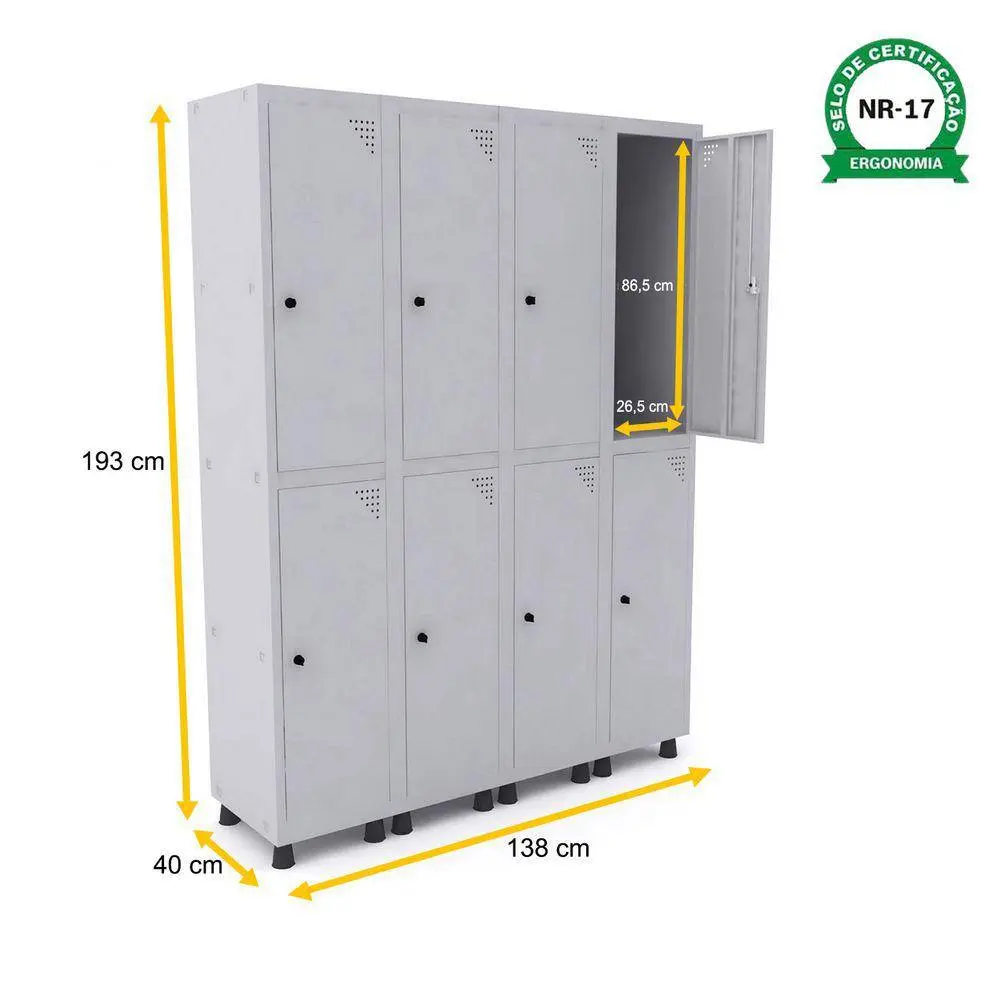 Armário roupeiro de aço 8 portas cinza