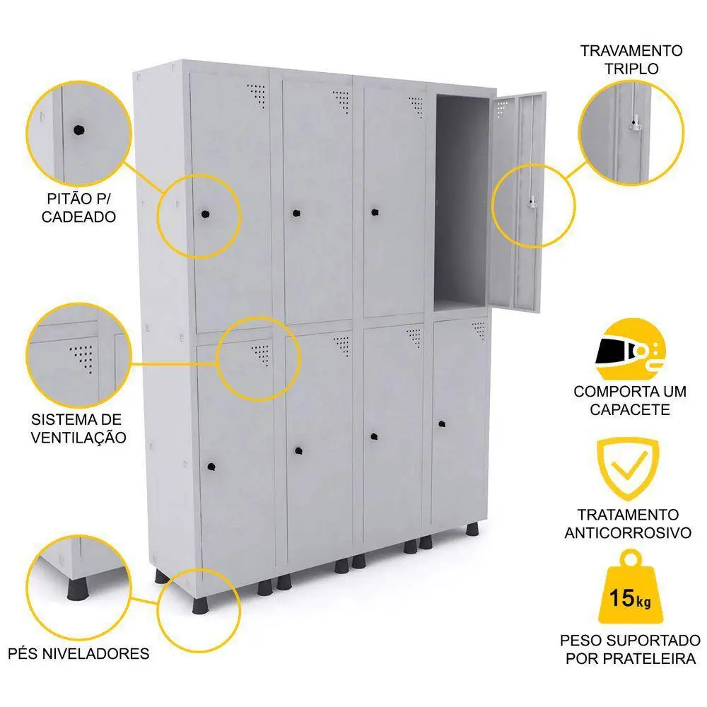 Roupeiro de aço 8 portas grandes com ventilação