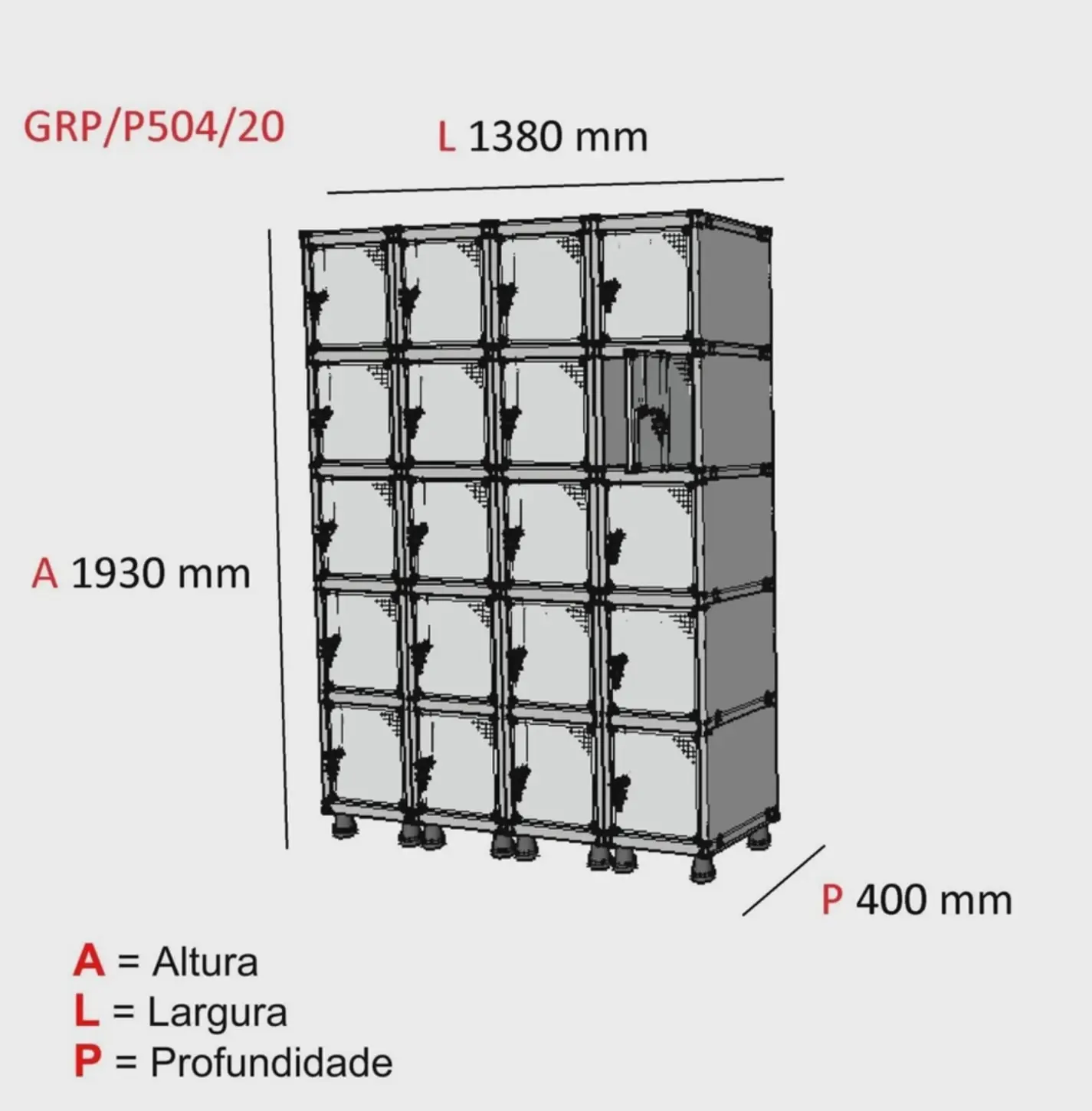 Roupeiro de aço 20 portas cinza para vestiário