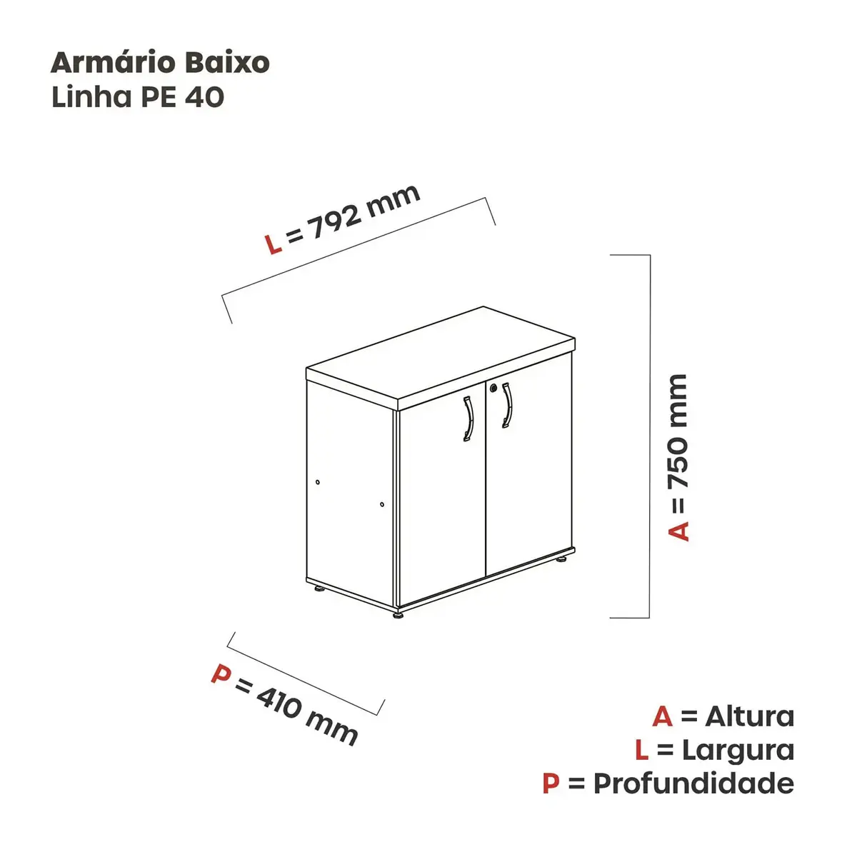 Medidas do armário baixo para escritório 2 portas PE40: 75 x 79,2 x 41 cm