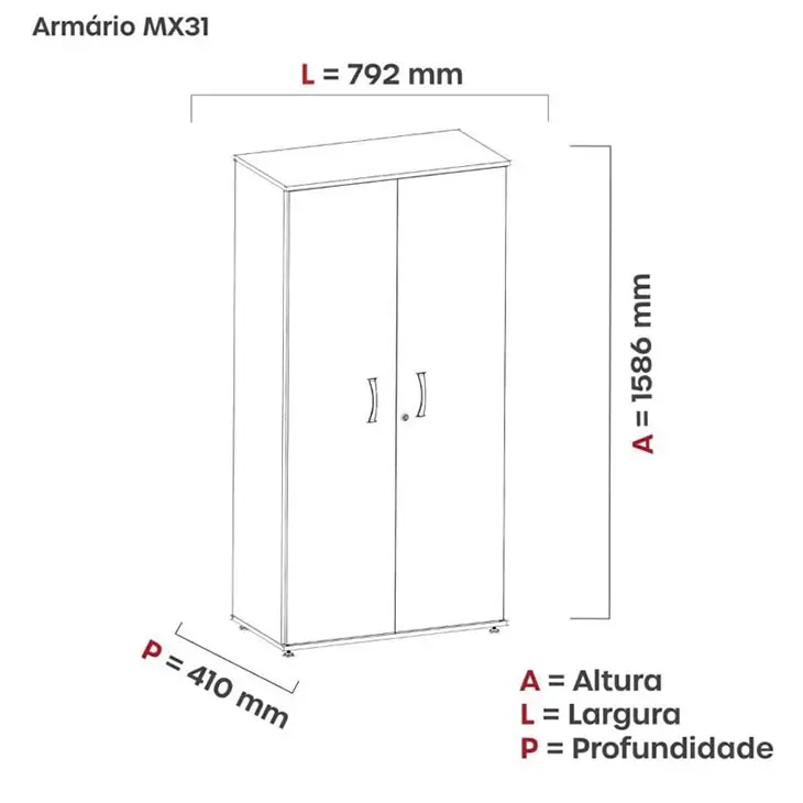 Medidas do armário alto para escritório 2 portas PE25: 158,6 x 79,2 x 41 cm